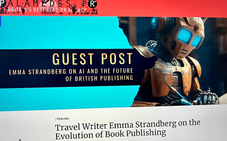 A robotic figure beside text about a guest post on AI and the future of British publishing.