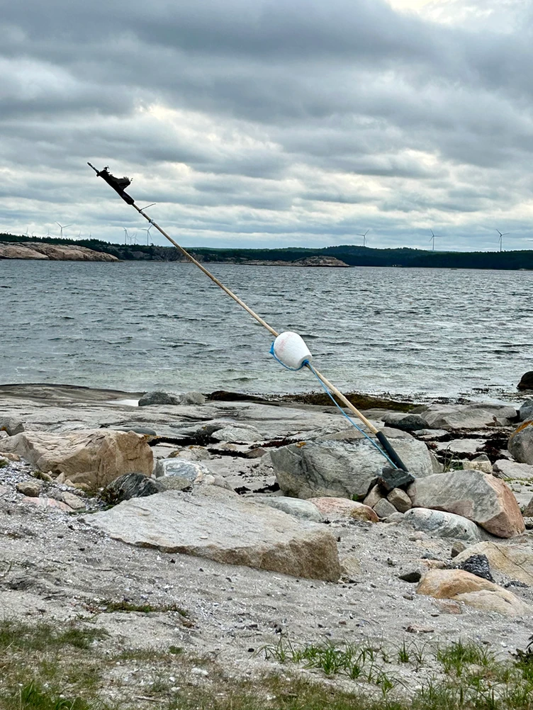 A buoy and a bird perched atop a tilted, slender pole on rocky shoreline against a cloudy sky.