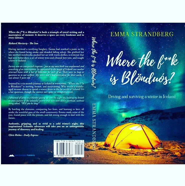 Back cover of a book showing a lit tent under a starry sky with the title "Where the F*ck is Blondus?" by Emma Strandberg.