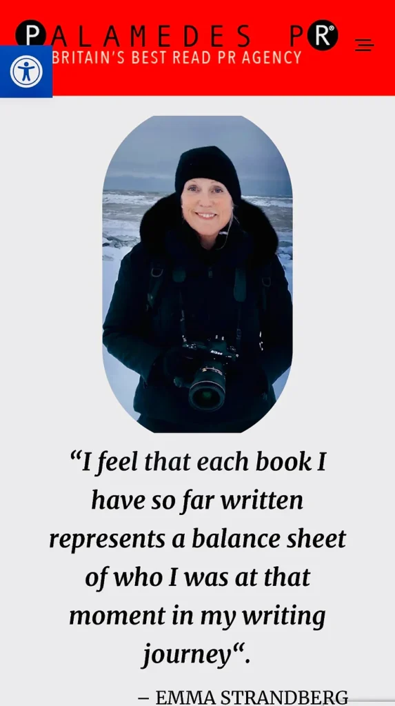 Web page header with text about Travel Writer Emma Strandberg discussing book publishing evolution.