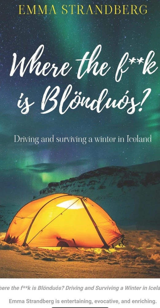 Book cover with a title about Blönduós, featuring a glowing tent under a starry sky with northern lights.